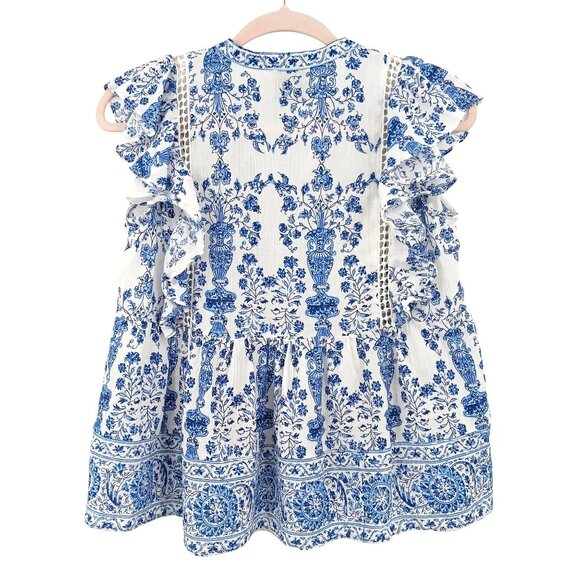 Sea New York Blue White Floral Ruffle Top Size 2 Tassel Tie Babydoll - Picture 2 of 9
